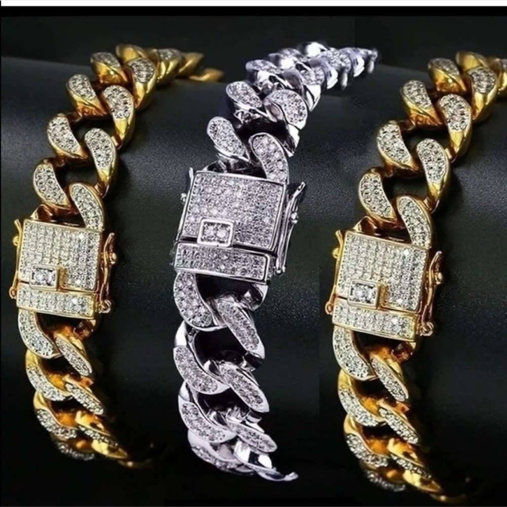 New men’s bowling rhinestone Silver Gothic cuban thick bracelet - Picture 3 of 3